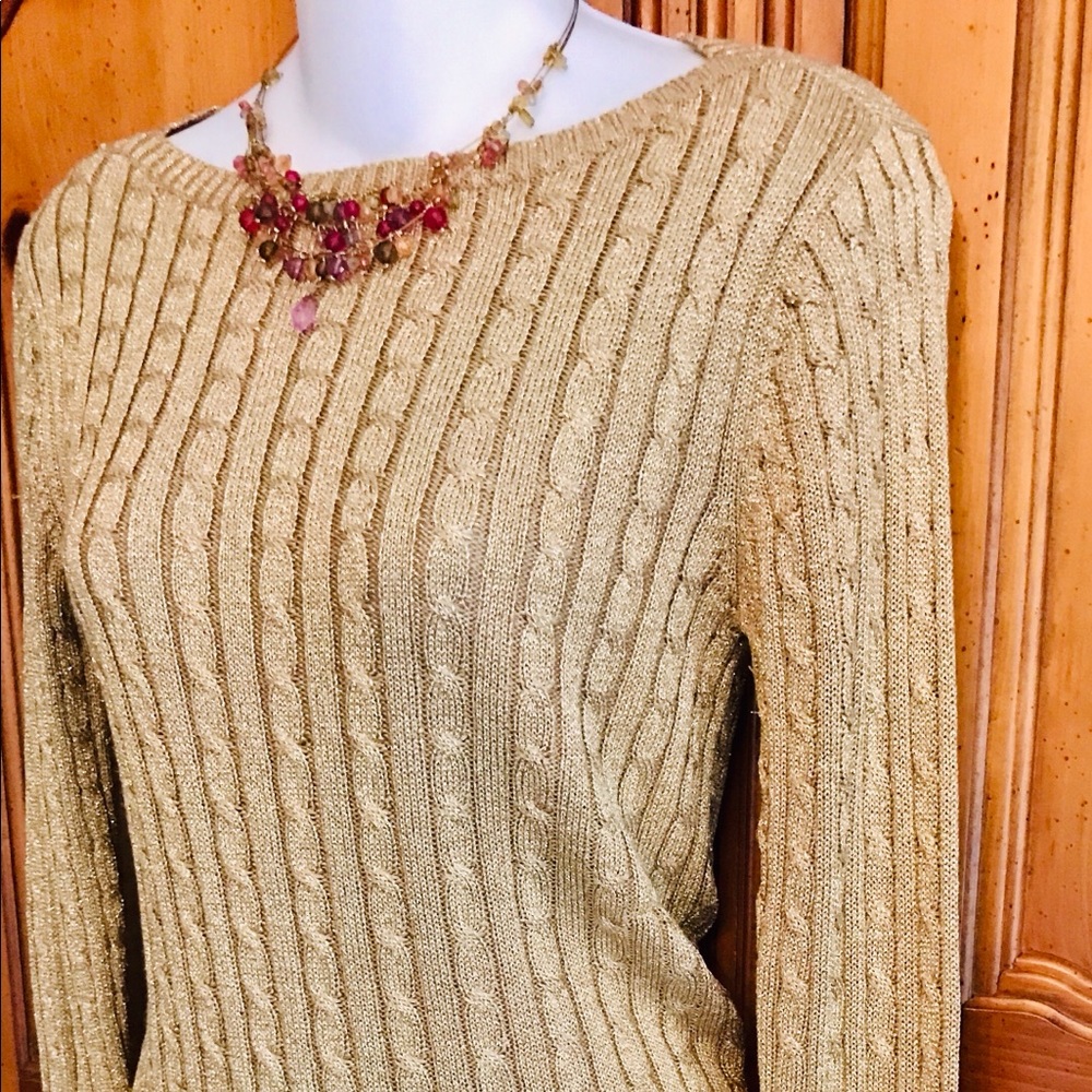 LAUREN RALPH LAUREN SILK GOLD METALLIC BATEAU NECK CABLE SWEATER